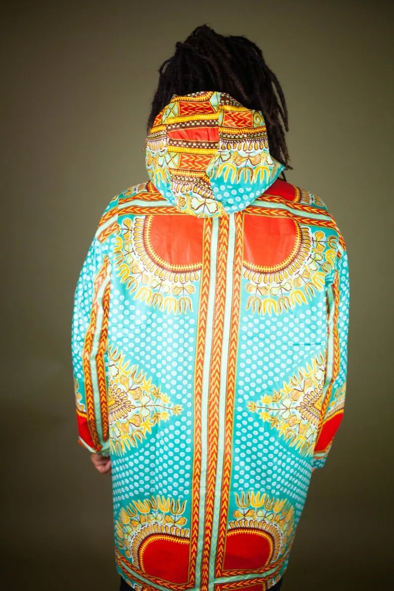 African Hooded Jacket In Turquoise Dashiki