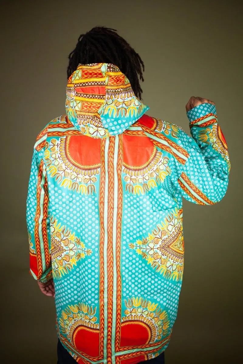 African Hooded Jacket In Turquoise Dashiki