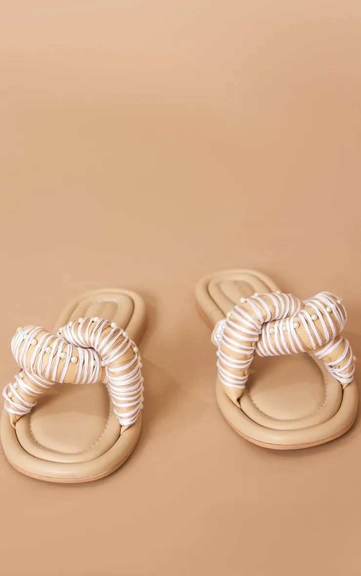 Beige Padded Contrast Strap Pearl Sandals