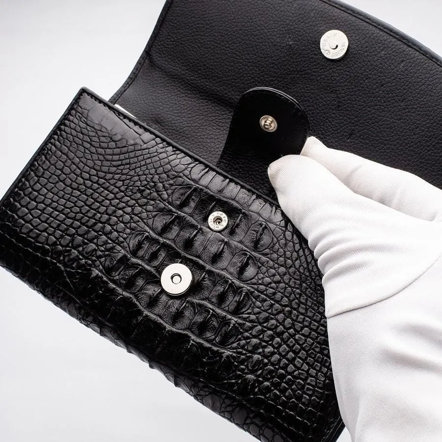 Black Genuine Crocodile Hornback Skin Womens Wallet