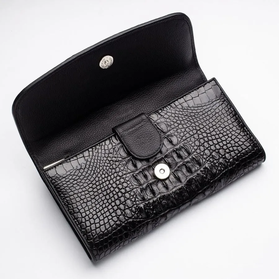 Black Genuine Crocodile Hornback Skin Womens Wallet