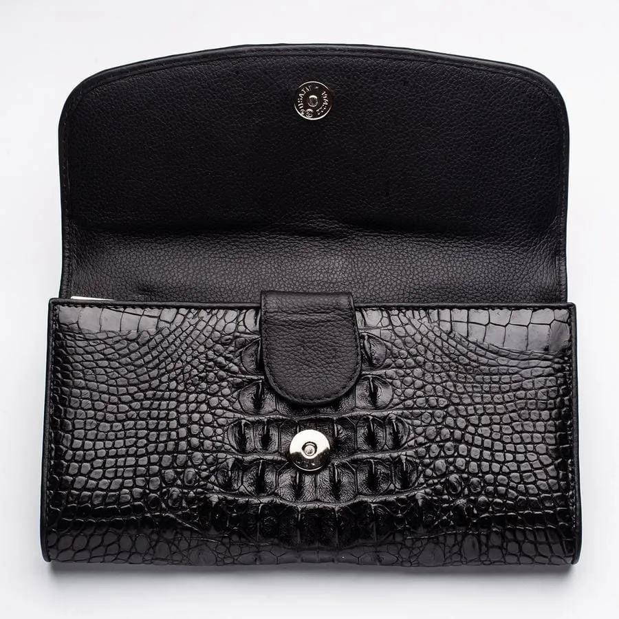 Black Genuine Crocodile Hornback Skin Womens Wallet