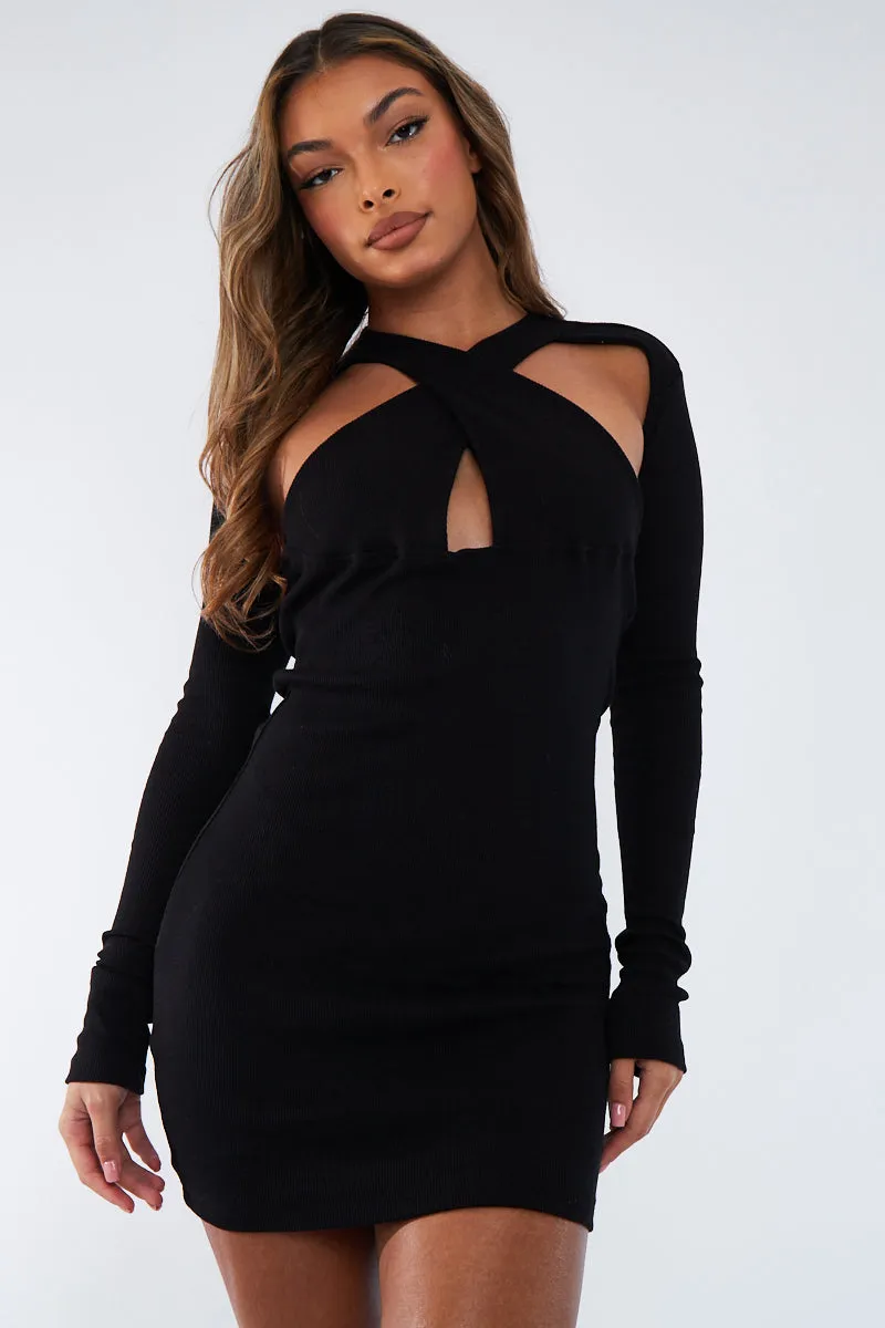 Black Halter Neck Full Sleeve Cut Out Mini Dress - Jade