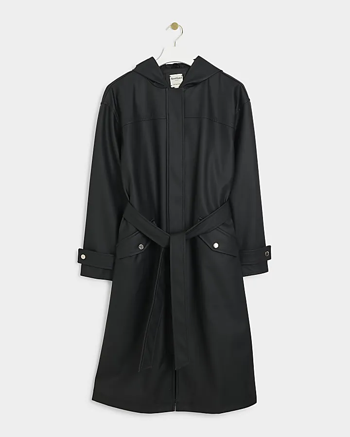 Black tie waist hooded rain coat