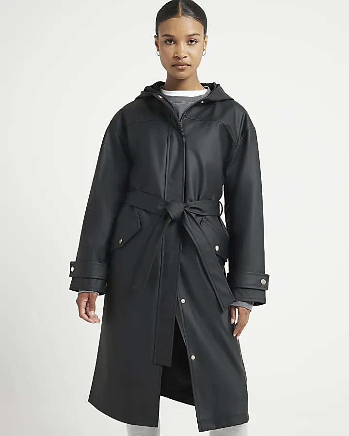 Black tie waist hooded rain coat