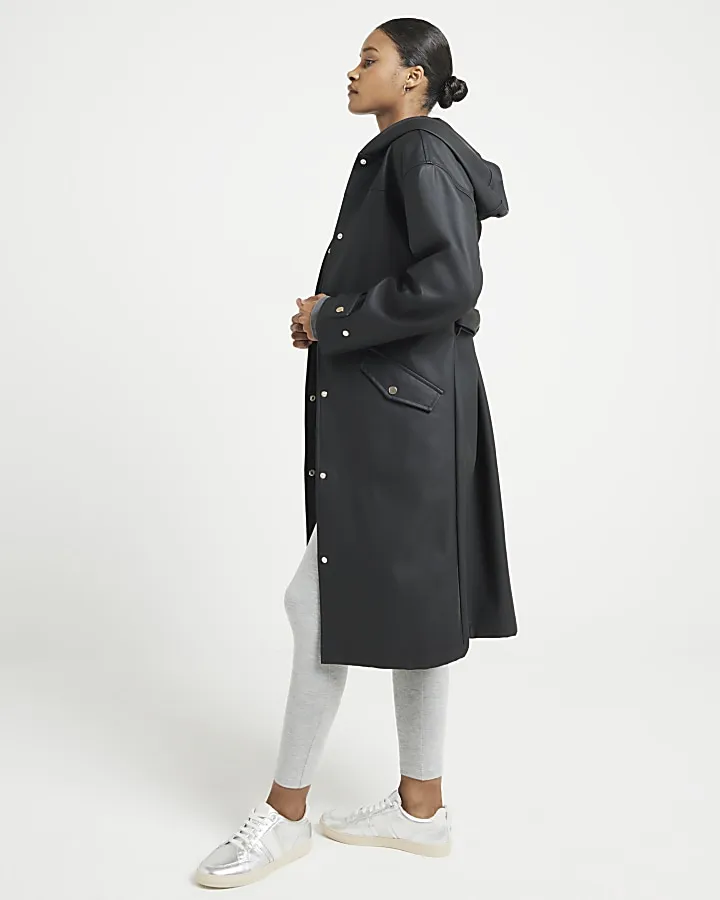 Black tie waist hooded rain coat