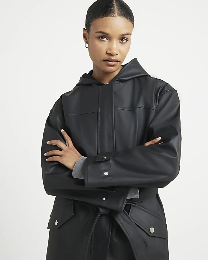 Black tie waist hooded rain coat