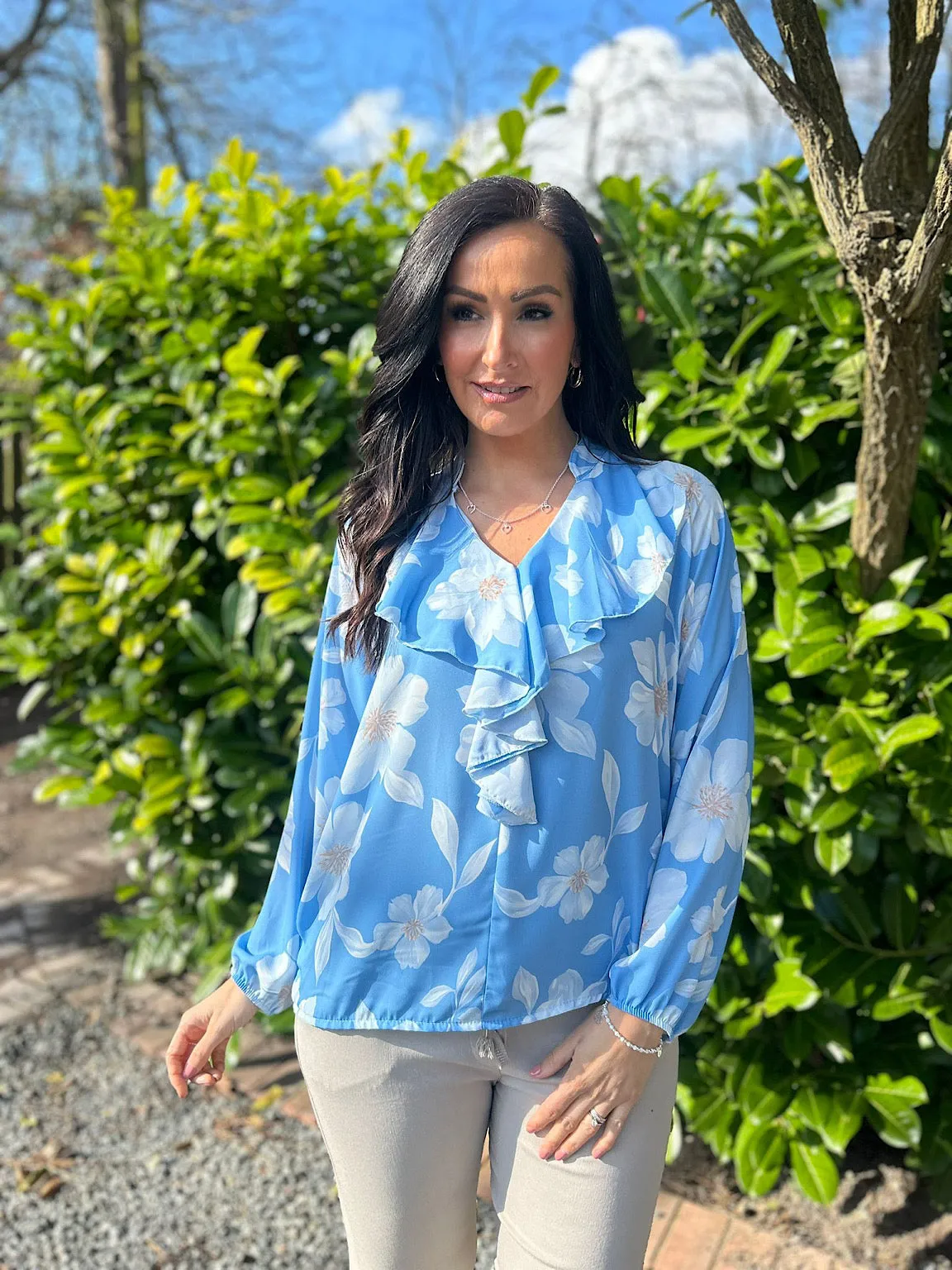 Blue Floral Frill Collar Blouse Rylee