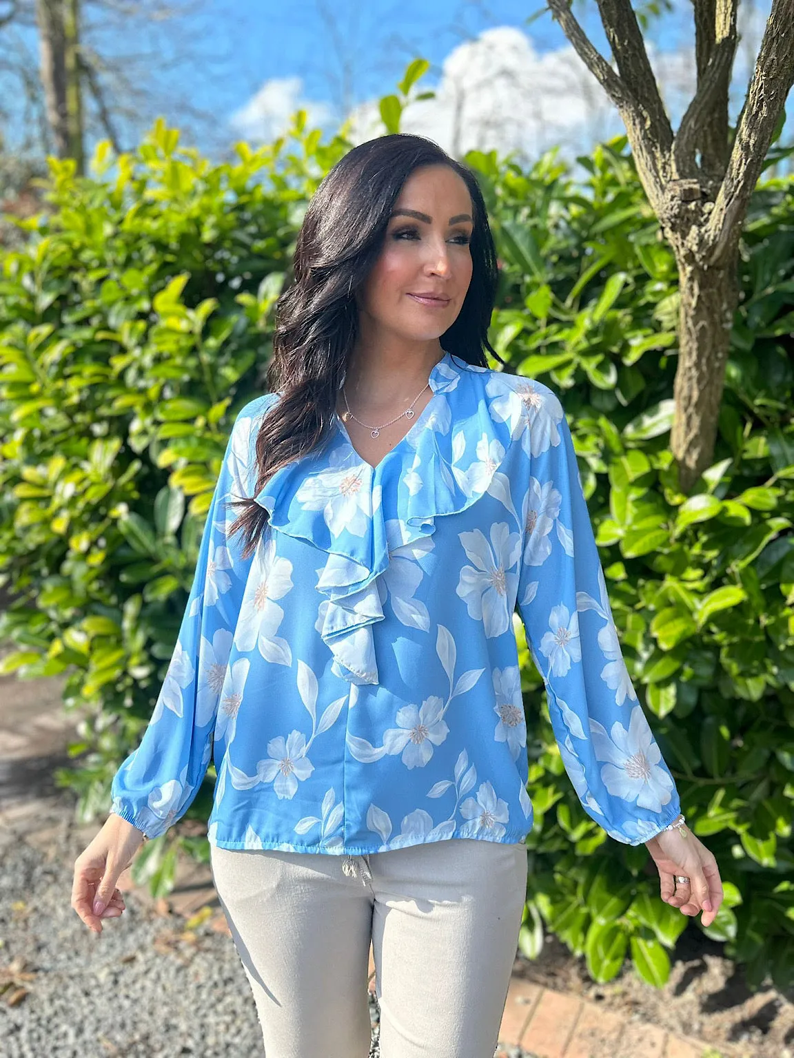 Blue Floral Frill Collar Blouse Rylee