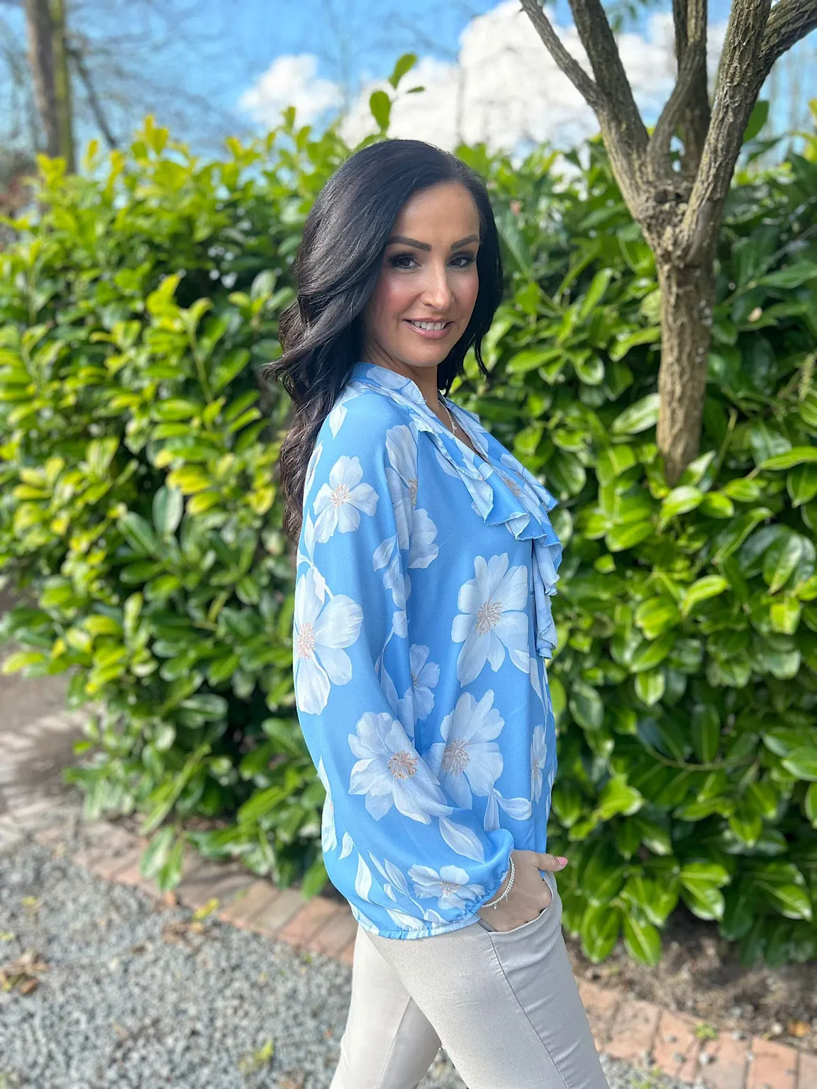 Blue Floral Frill Collar Blouse Rylee