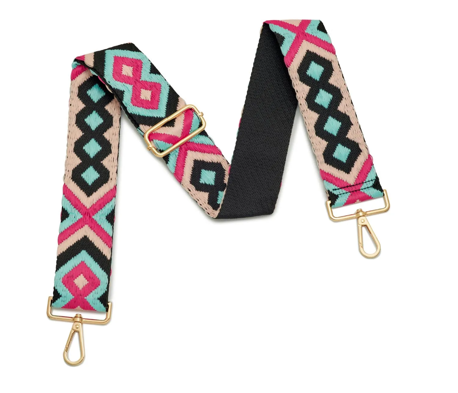 Crossbody Strap - Aqua and Pink Bohemian Print (Gold Hardware)