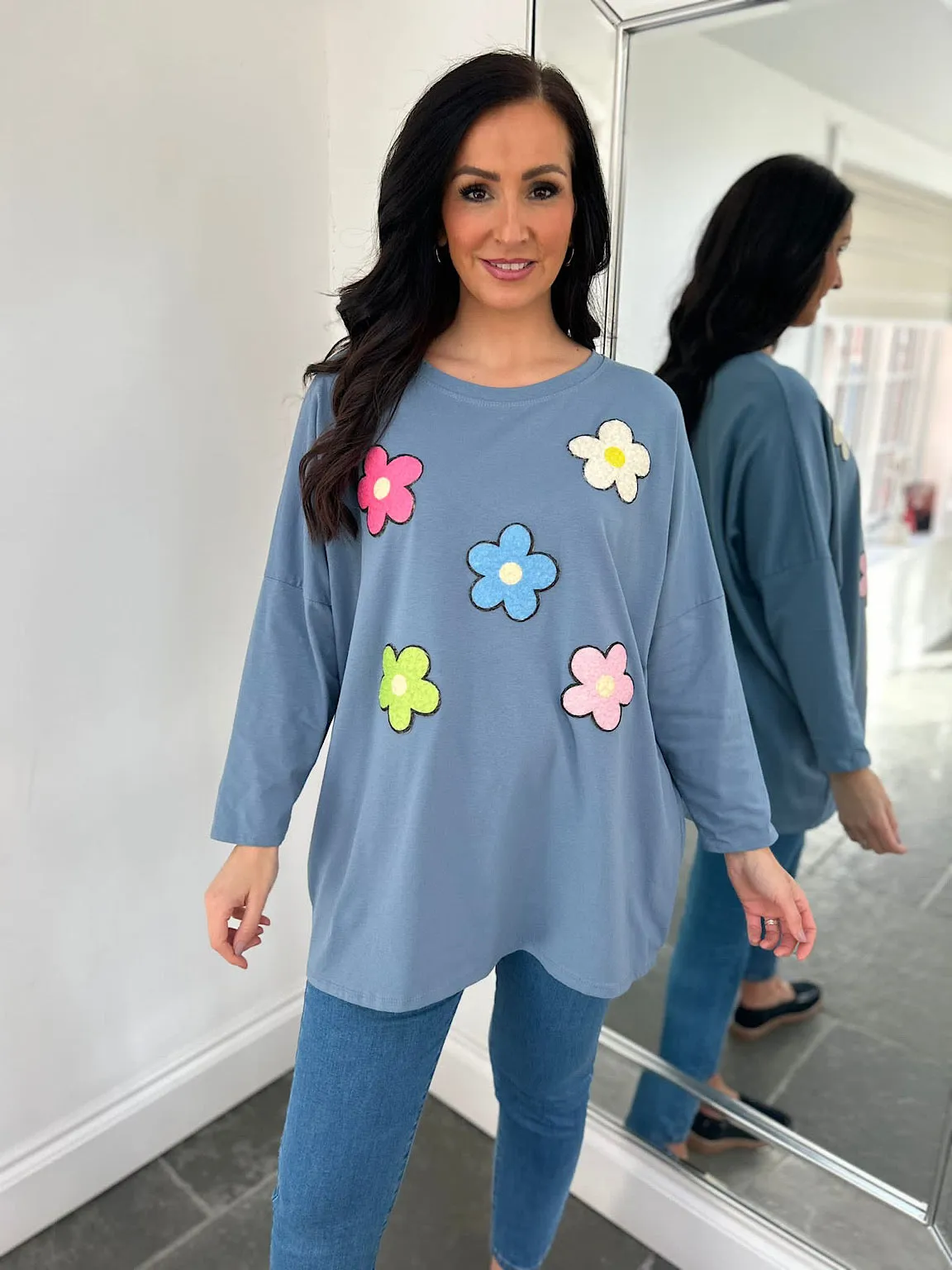 Denim Round Neck Floral Top Jude