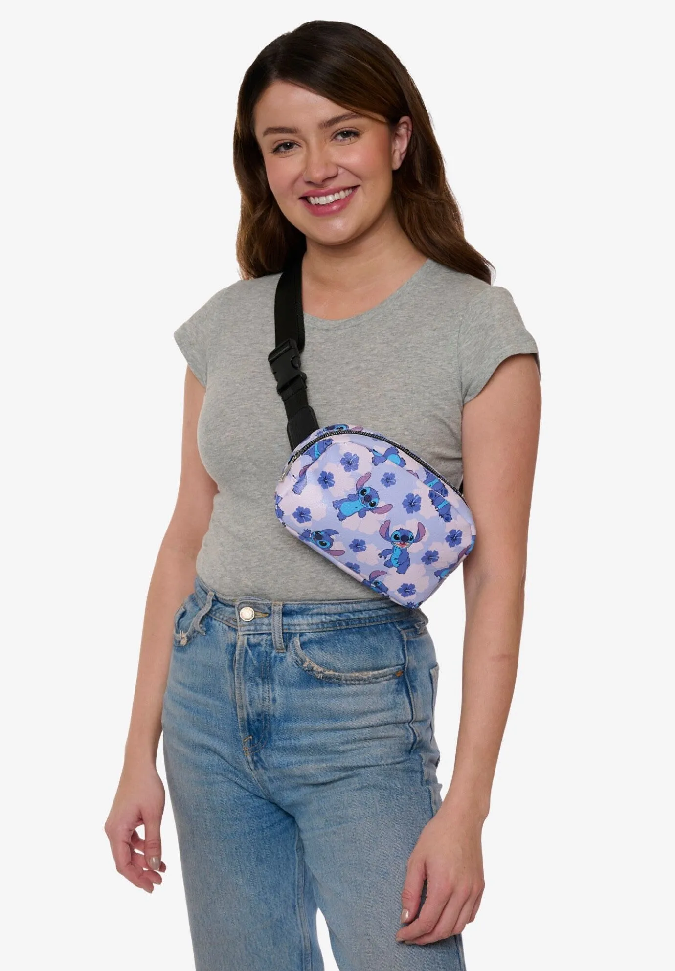 Disney Stitch Belt Bag Belt Bag Crossbody Zippered Floral All-Over Print Blue Faux Leather