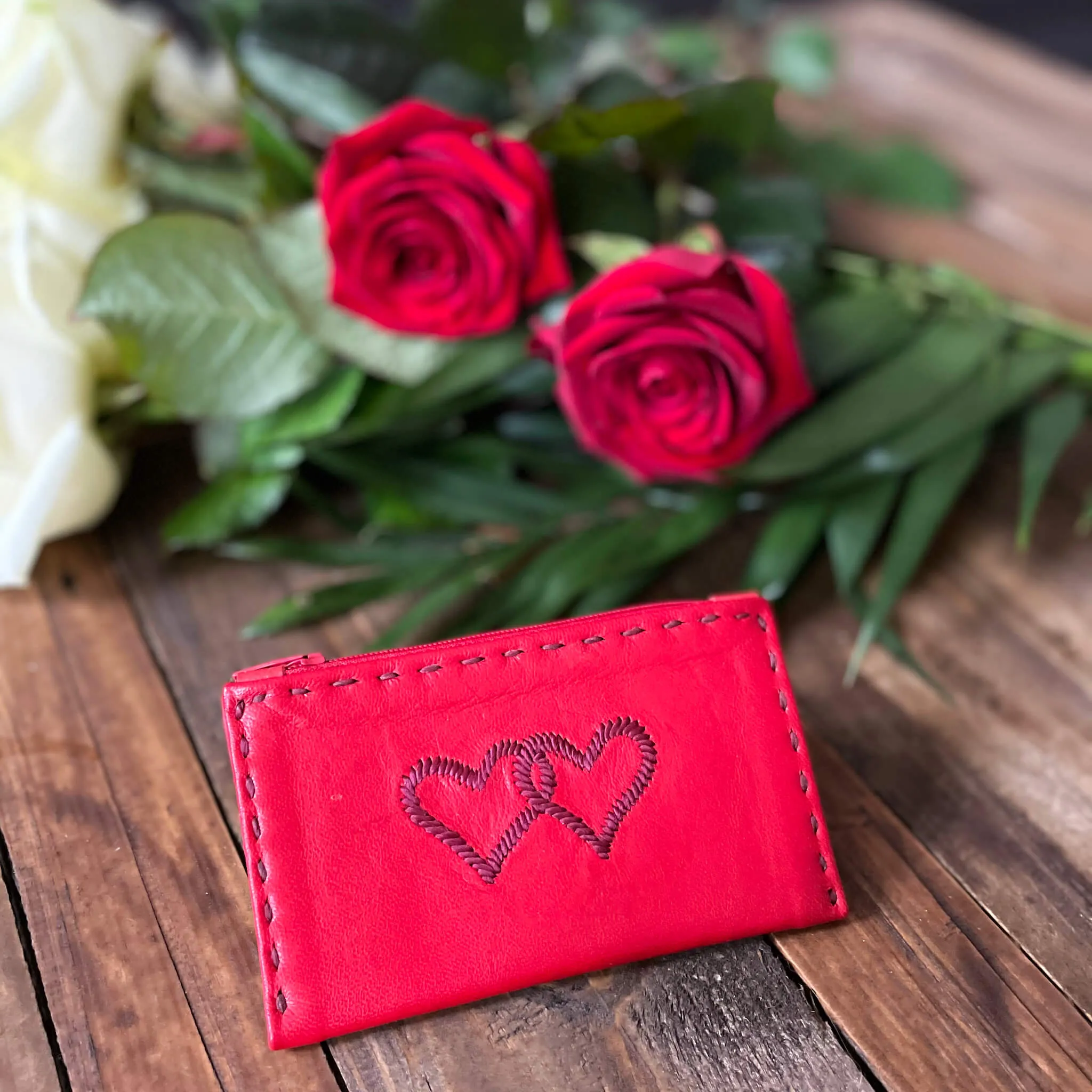 Embroidered Leather Coin Wallet *Love Edition* in Red