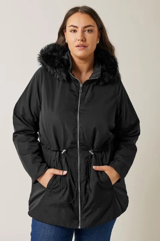 Evans Black Faux Fur Collared Lightweight Coat