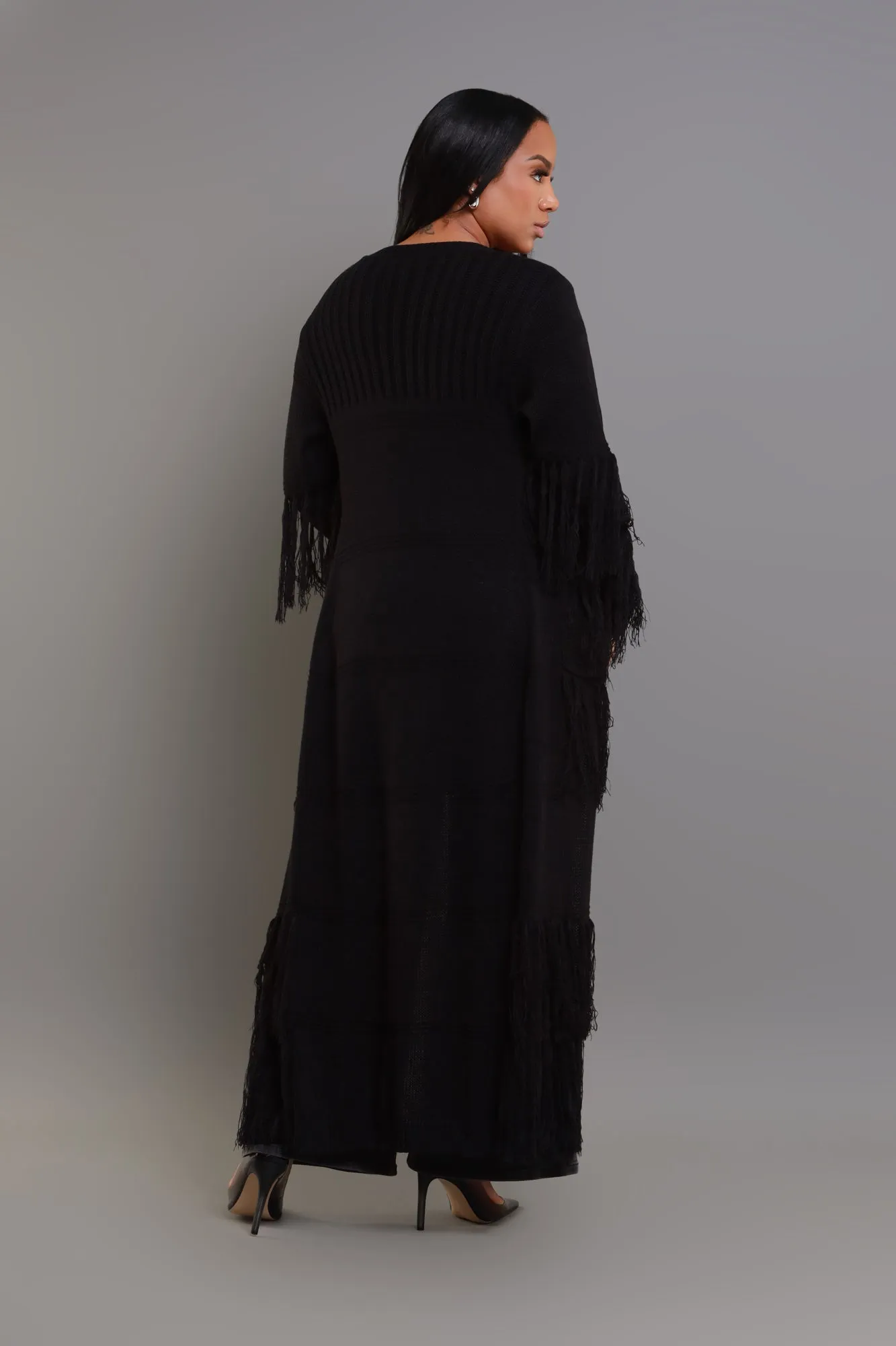 Get Well Longline Fringe Cardigan - Black