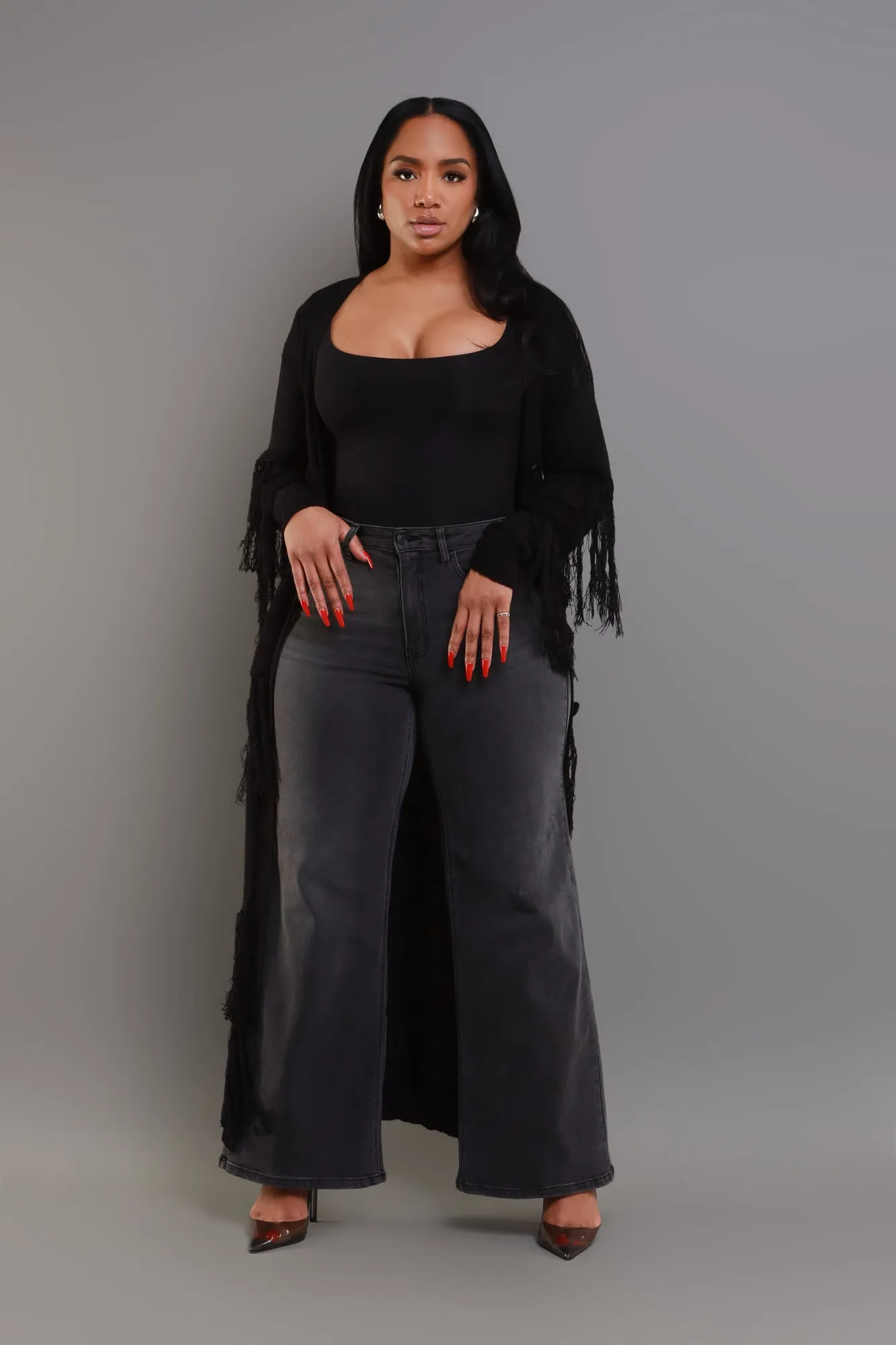 Get Well Longline Fringe Cardigan - Black