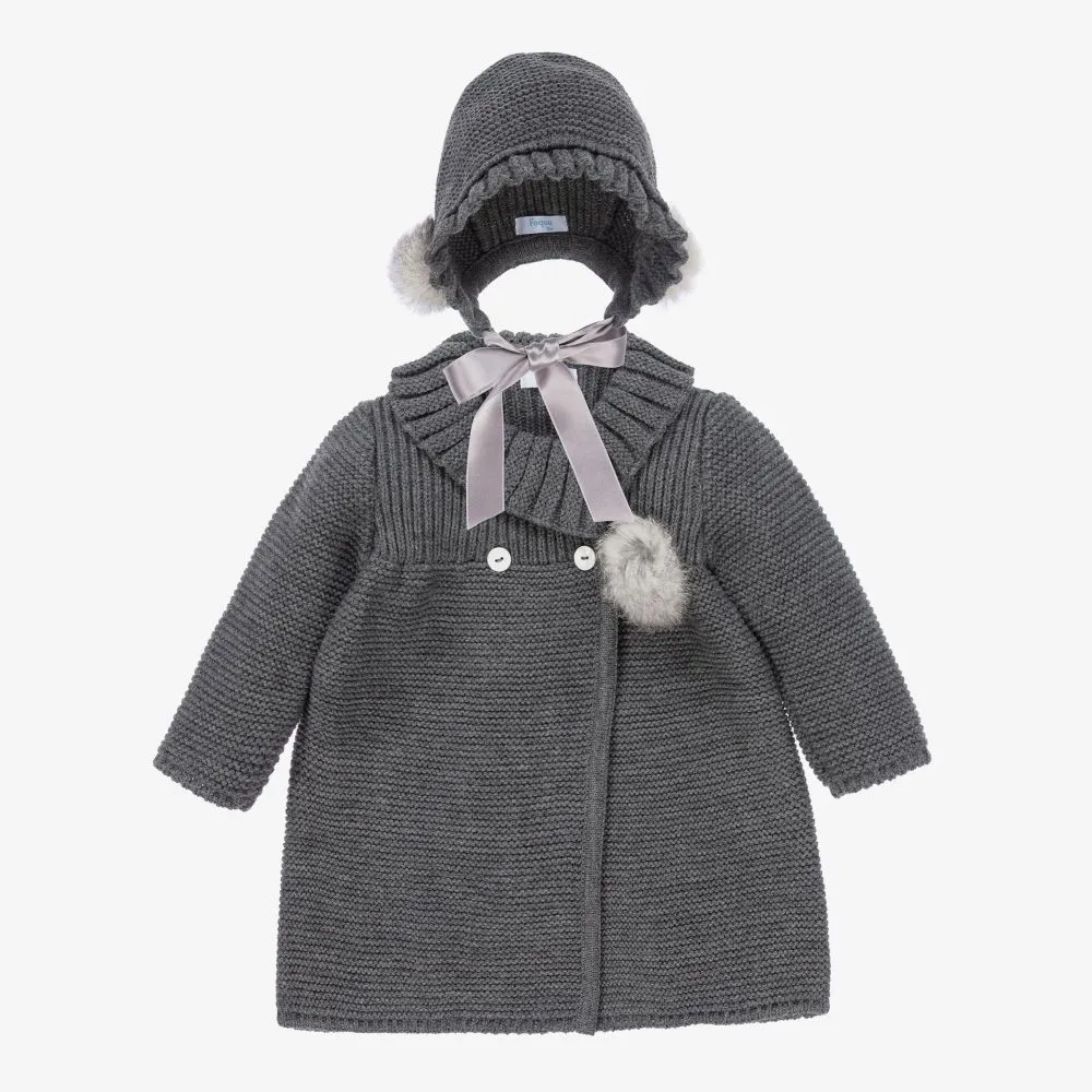 Girls Grey Knit Coat & Hat 