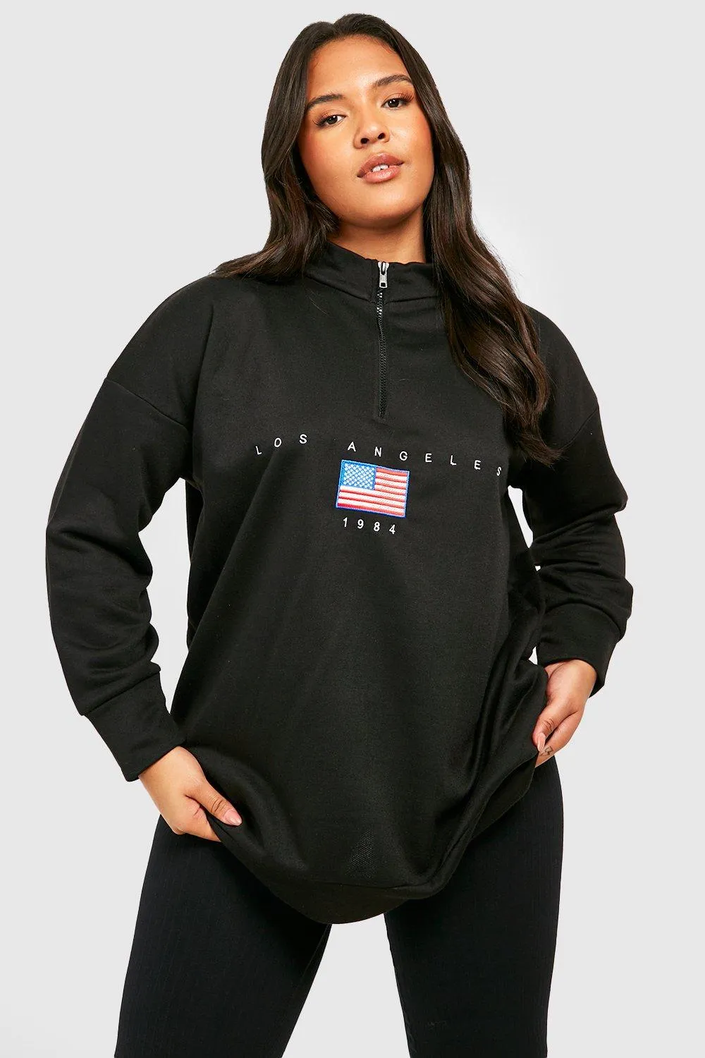 Hoodies & Sweatshirts | Plus Los Angeles Slogan Embroidered Zip Neck Oversized Sweatshirt | boohoo