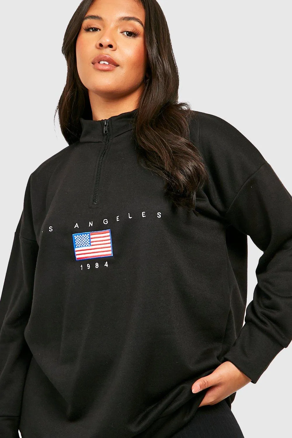 Hoodies & Sweatshirts | Plus Los Angeles Slogan Embroidered Zip Neck Oversized Sweatshirt | boohoo