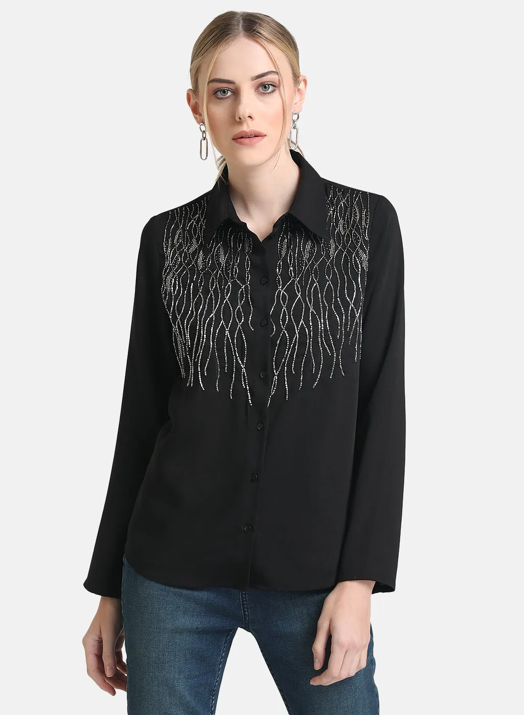 Kazo Black Embellished Shirt With Full Sleeves