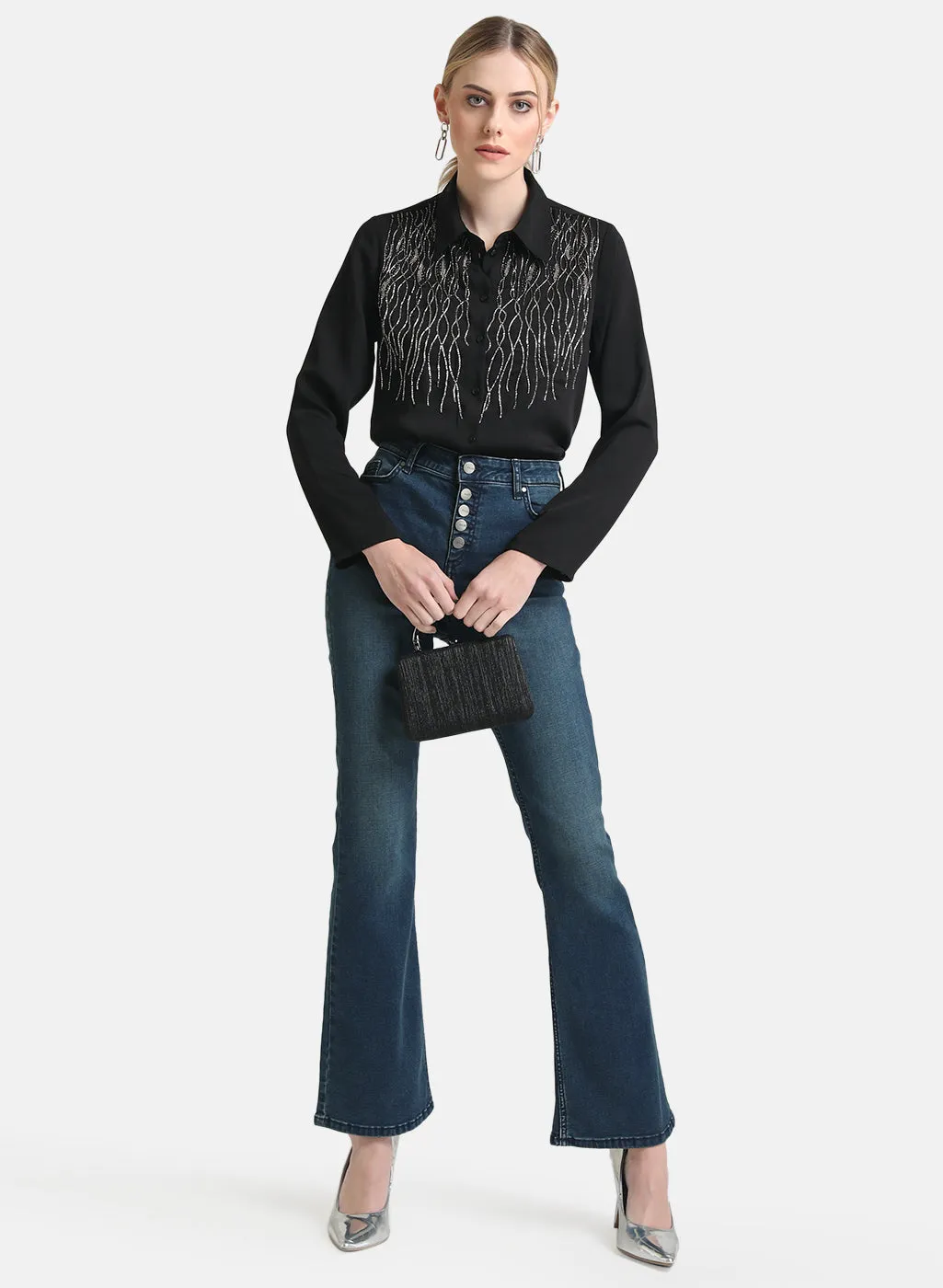 Kazo Black Embellished Shirt With Full Sleeves