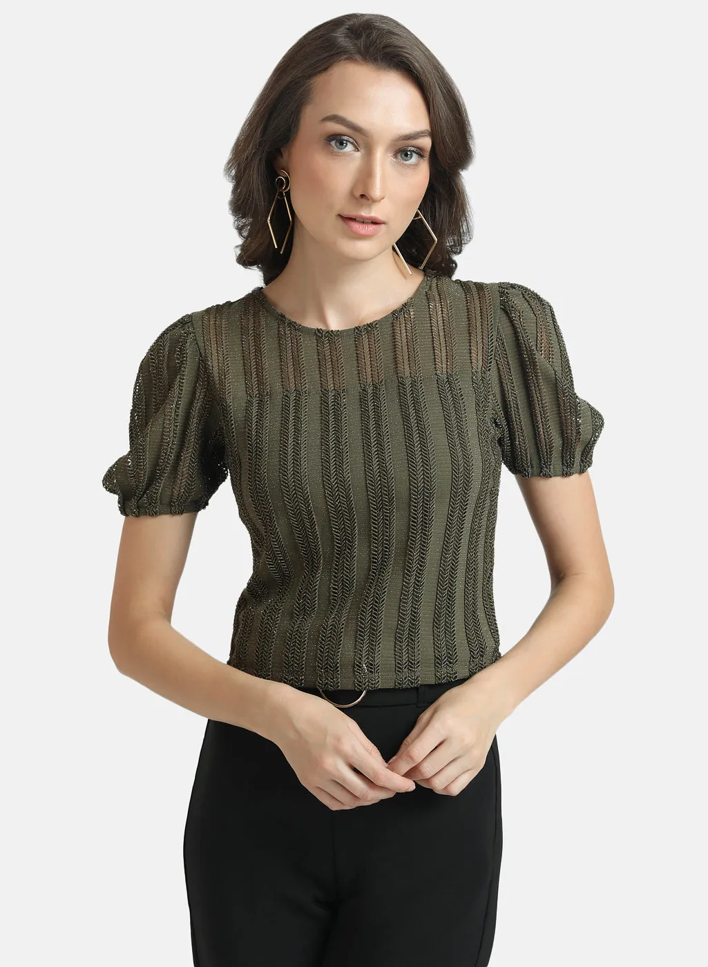 Kazo Green Textured Knit Puff Sleeves Top