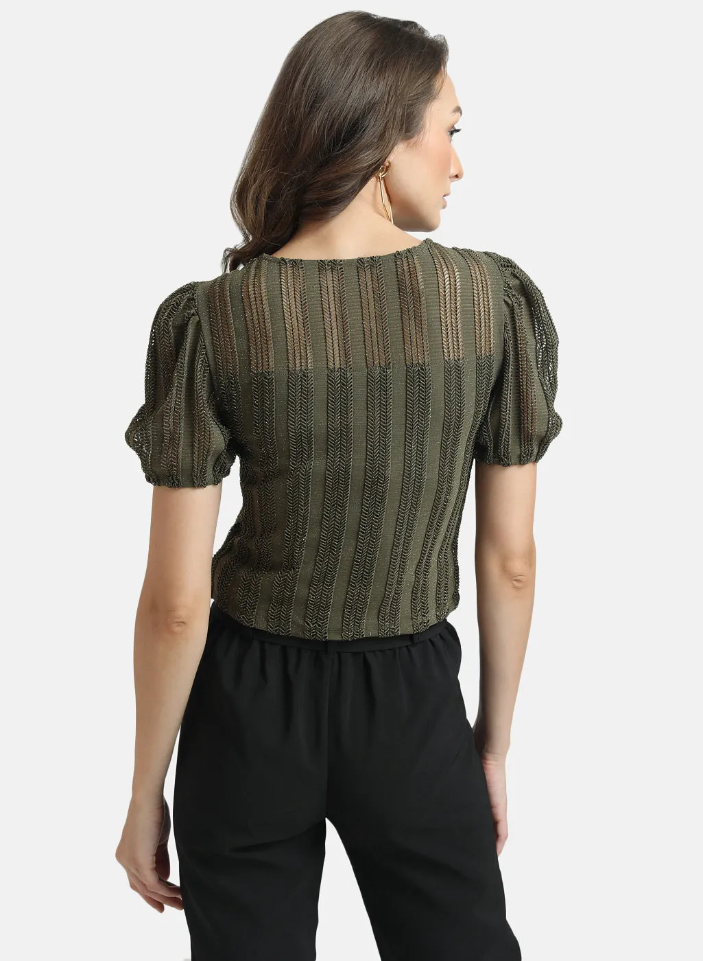 Kazo Green Textured Knit Puff Sleeves Top