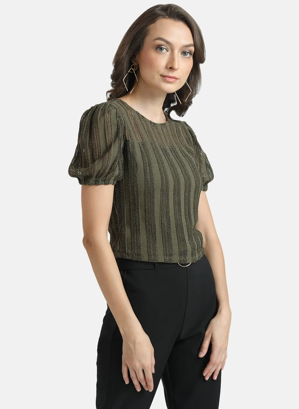 Kazo Green Textured Knit Puff Sleeves Top