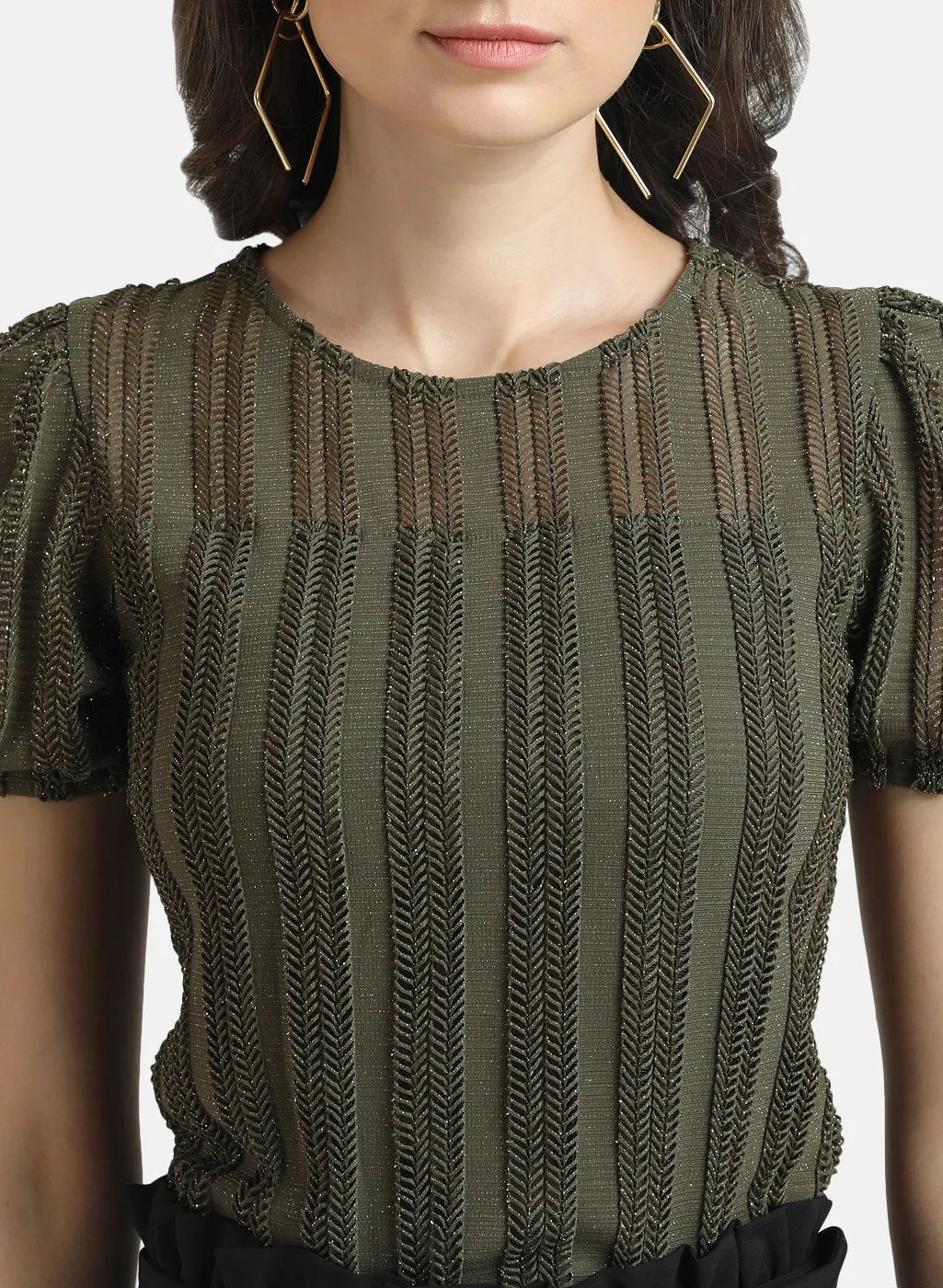 Kazo Green Textured Knit Puff Sleeves Top