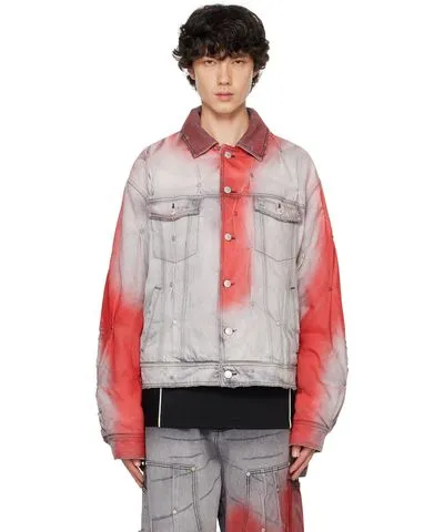 KUSIKOHC Gray & Red Padded Multi Rivet Denim Jacket