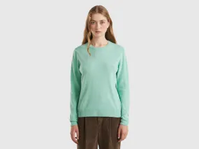 Light teal crew neck sweater in pure Merino wool - Aqua | Benetton