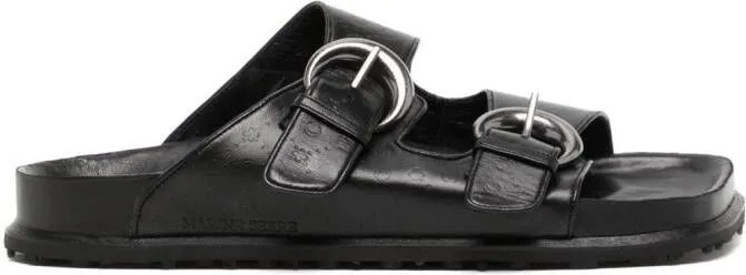 Marine Serre logo-debossed buckle-strap leather sandals Black