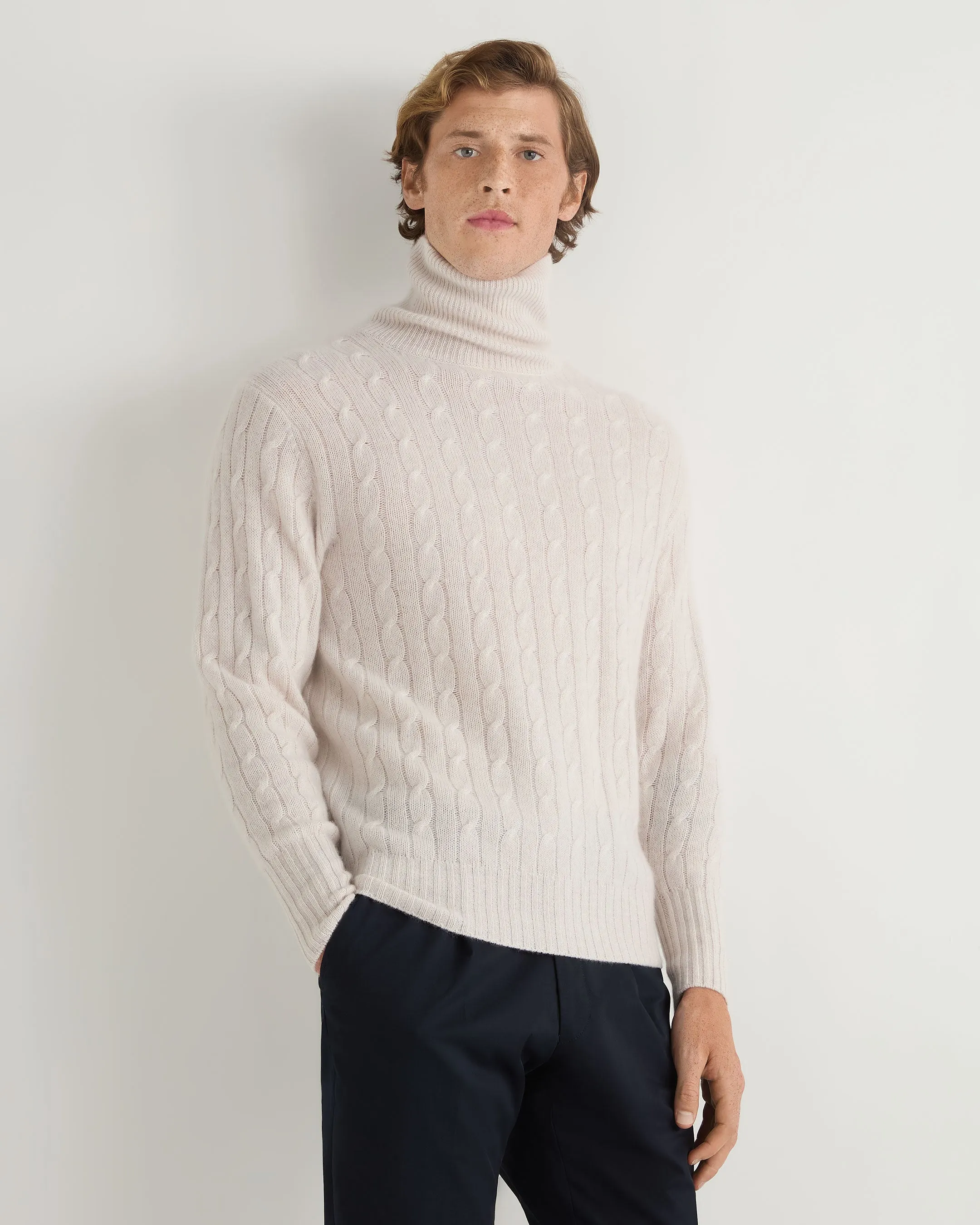 Men's Berwick Cable Roll Neck Cashmere Jumper Frost White