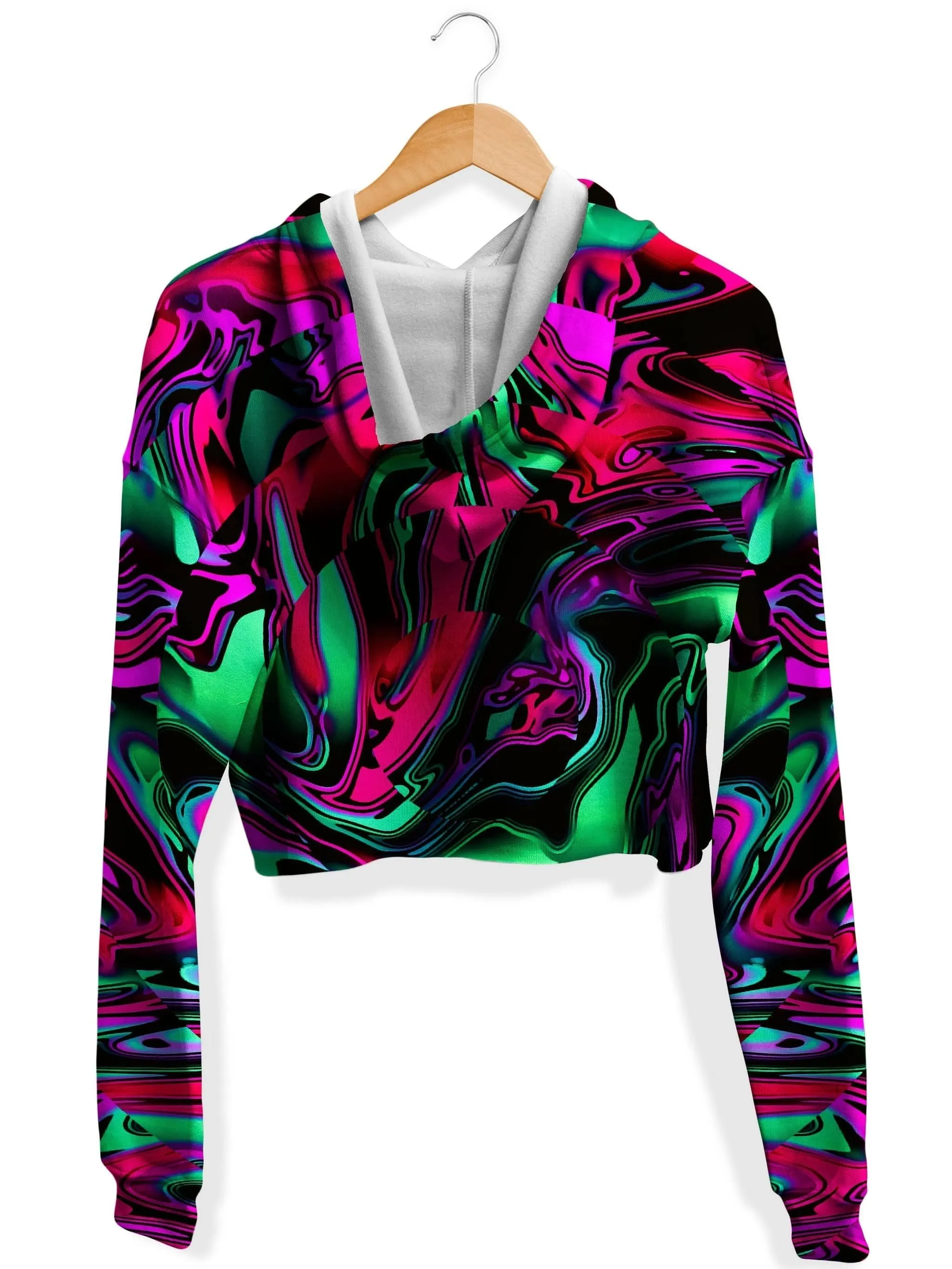 Pink and Green Chromatic Warp Fleece Crop Hoodie