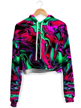 Pink and Green Chromatic Warp Fleece Crop Hoodie