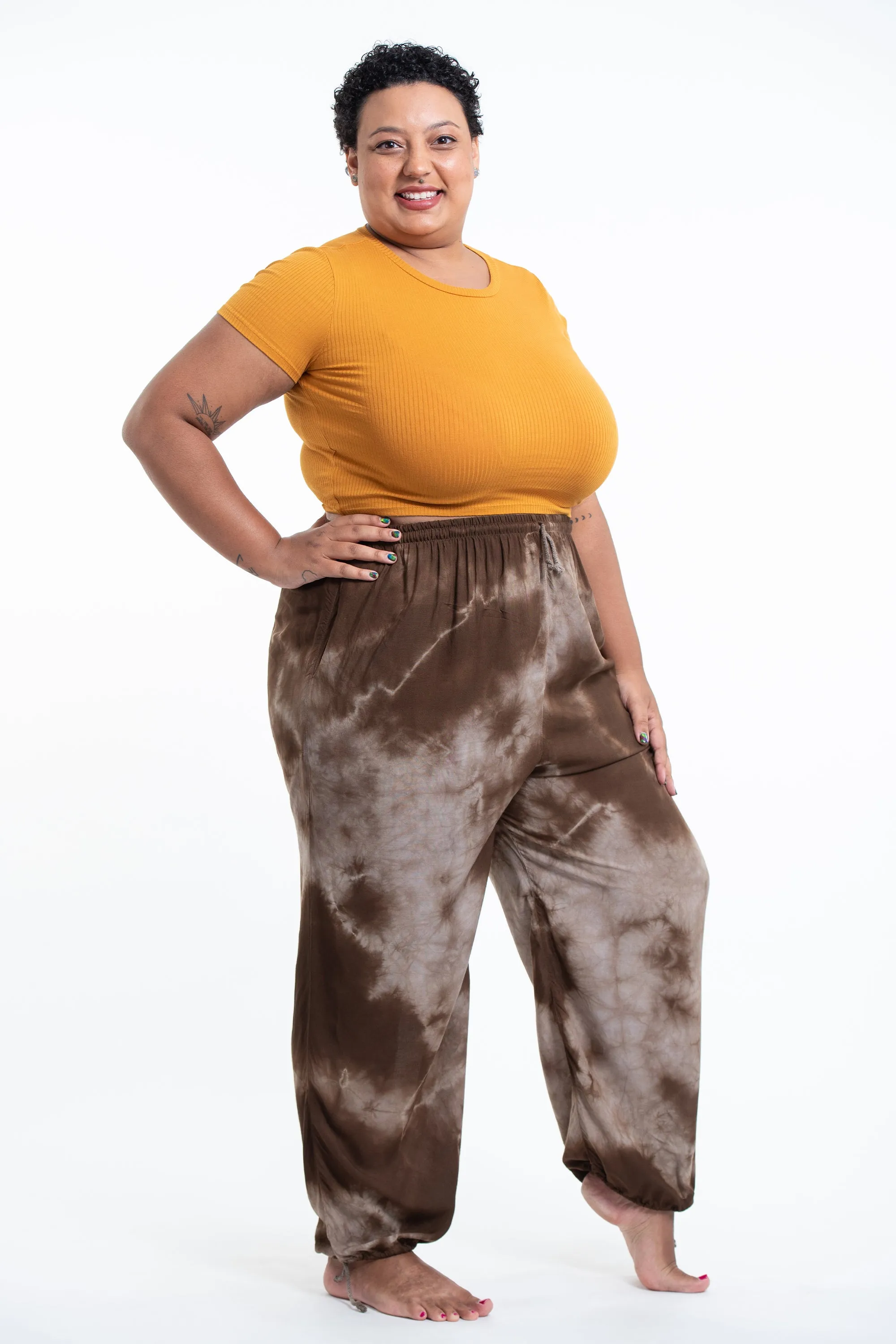 Plus Size Tie Dye Drawstring Women's Yoga Massage Pants in Brown