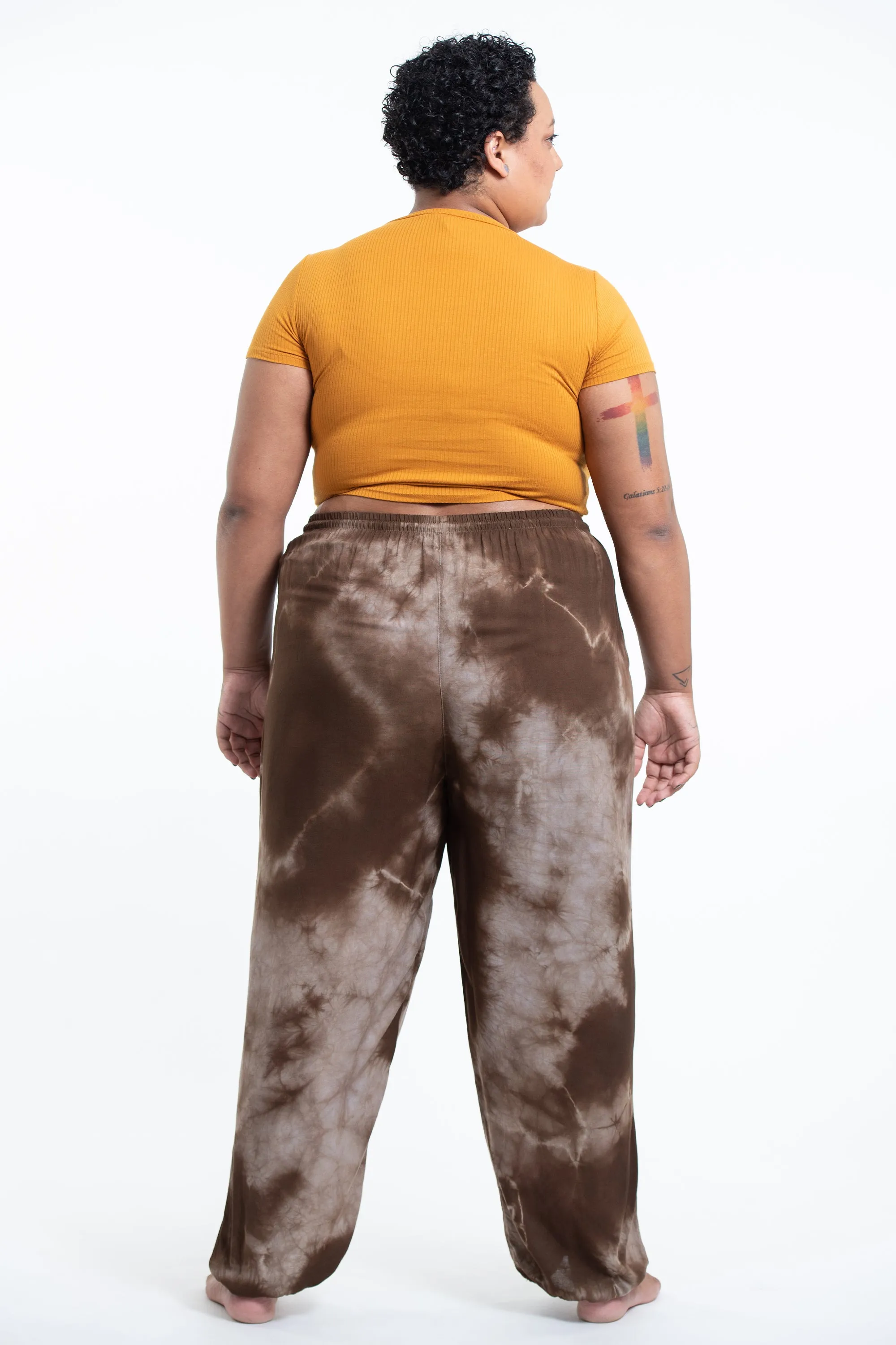 Plus Size Tie Dye Drawstring Women's Yoga Massage Pants in Brown