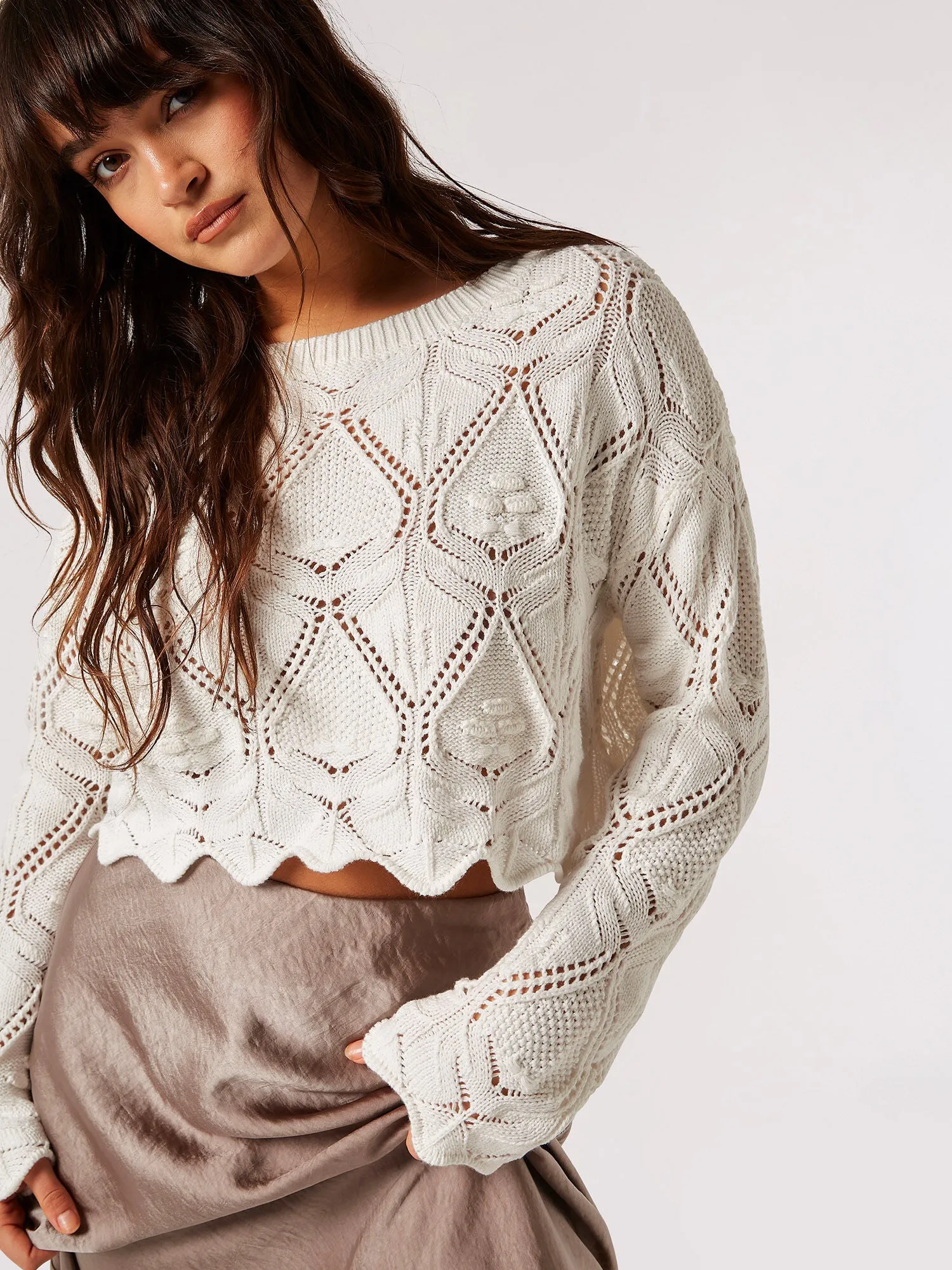 Scallop Hem Pointelle Sweater