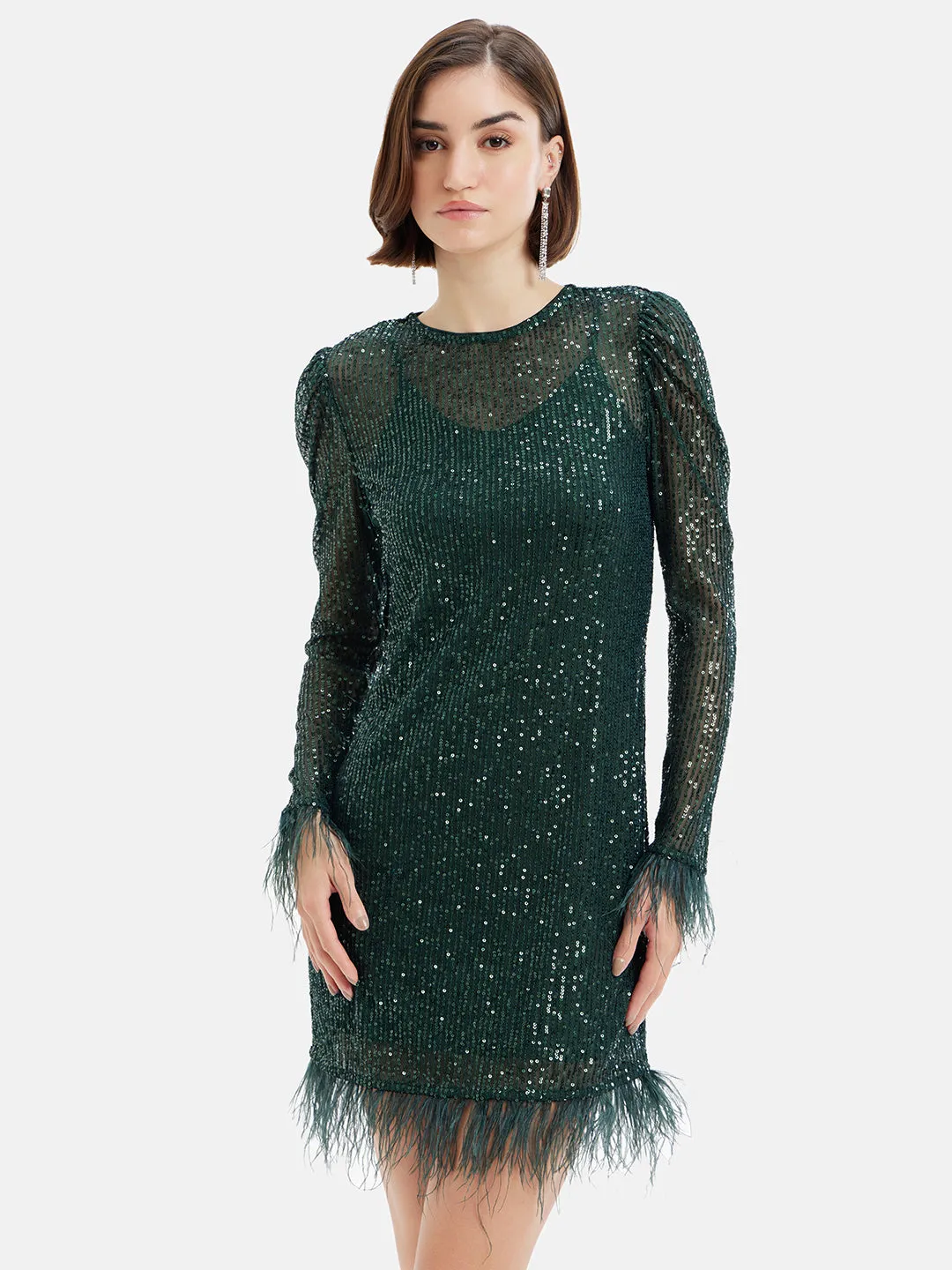 Sequin Shift Dress With Feathers