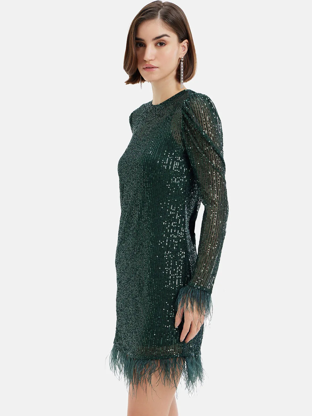 Sequin Shift Dress With Feathers