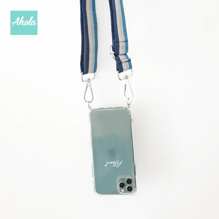 【Stripey】Nylon Crossbody Lanyard Clear TPU Phone Case 自定名字藍色間條斜背帶電話軟殼