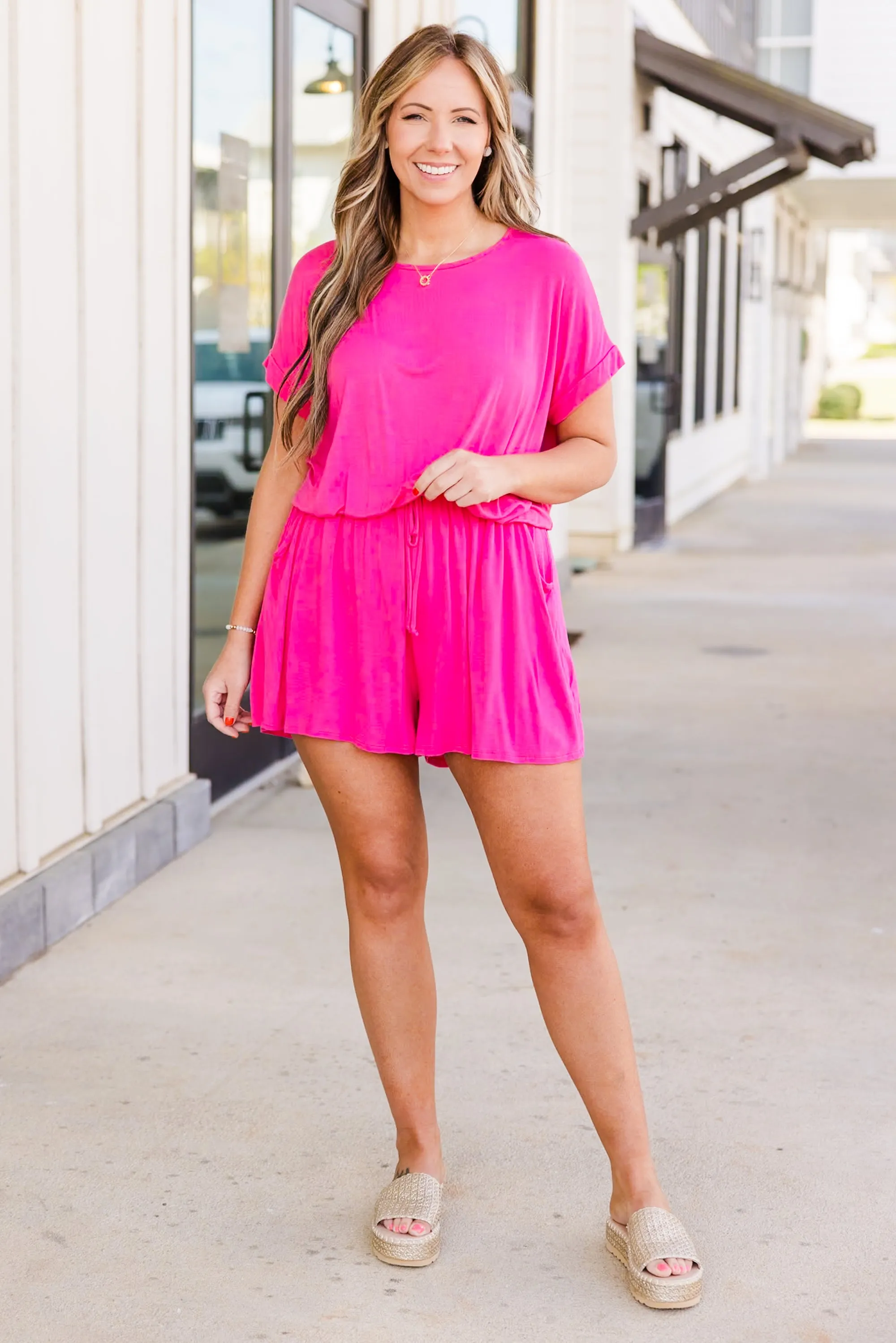 Sweet Saturday Romper, Fuchsia