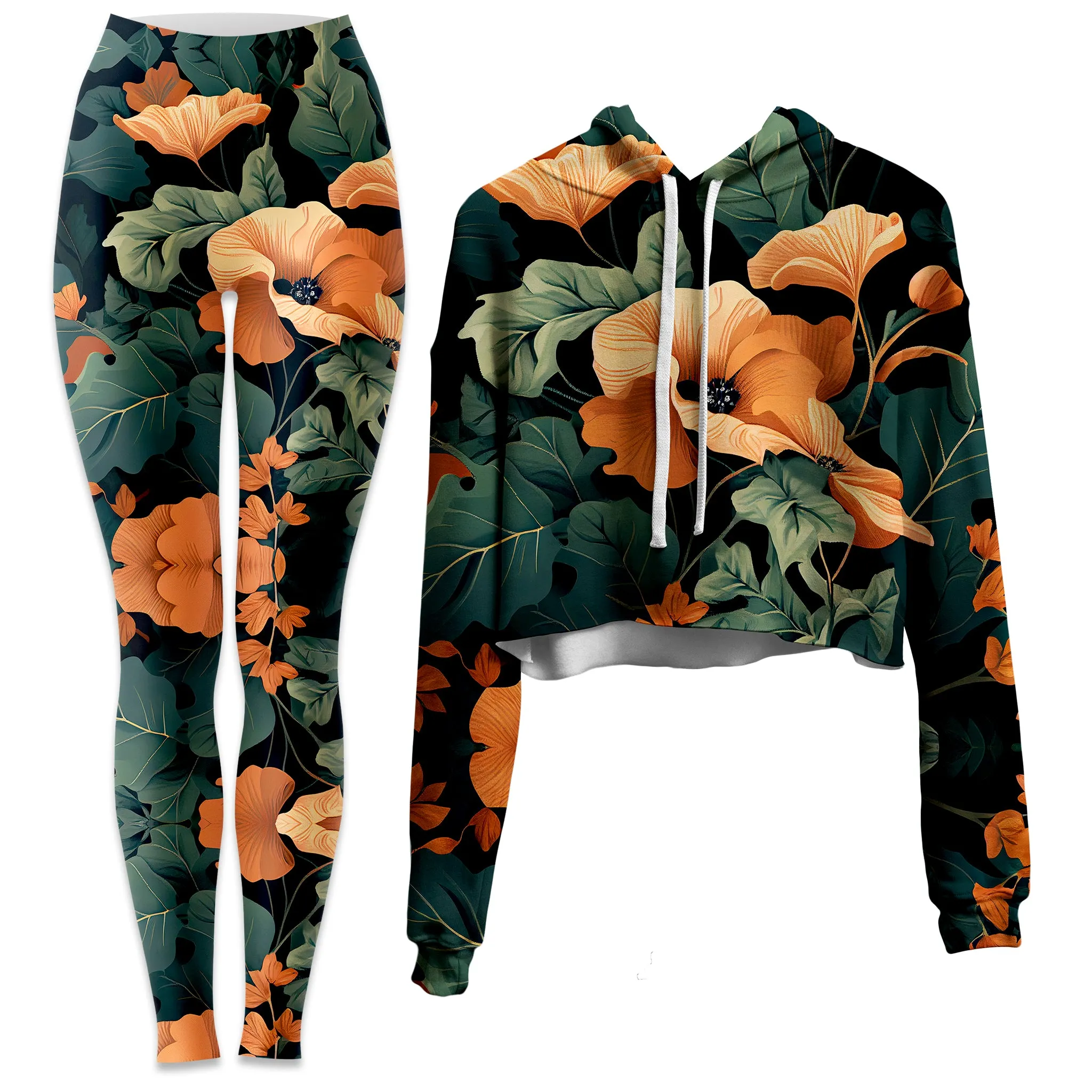 Tangerine Floral Crop Hoodie and Leggings Combo