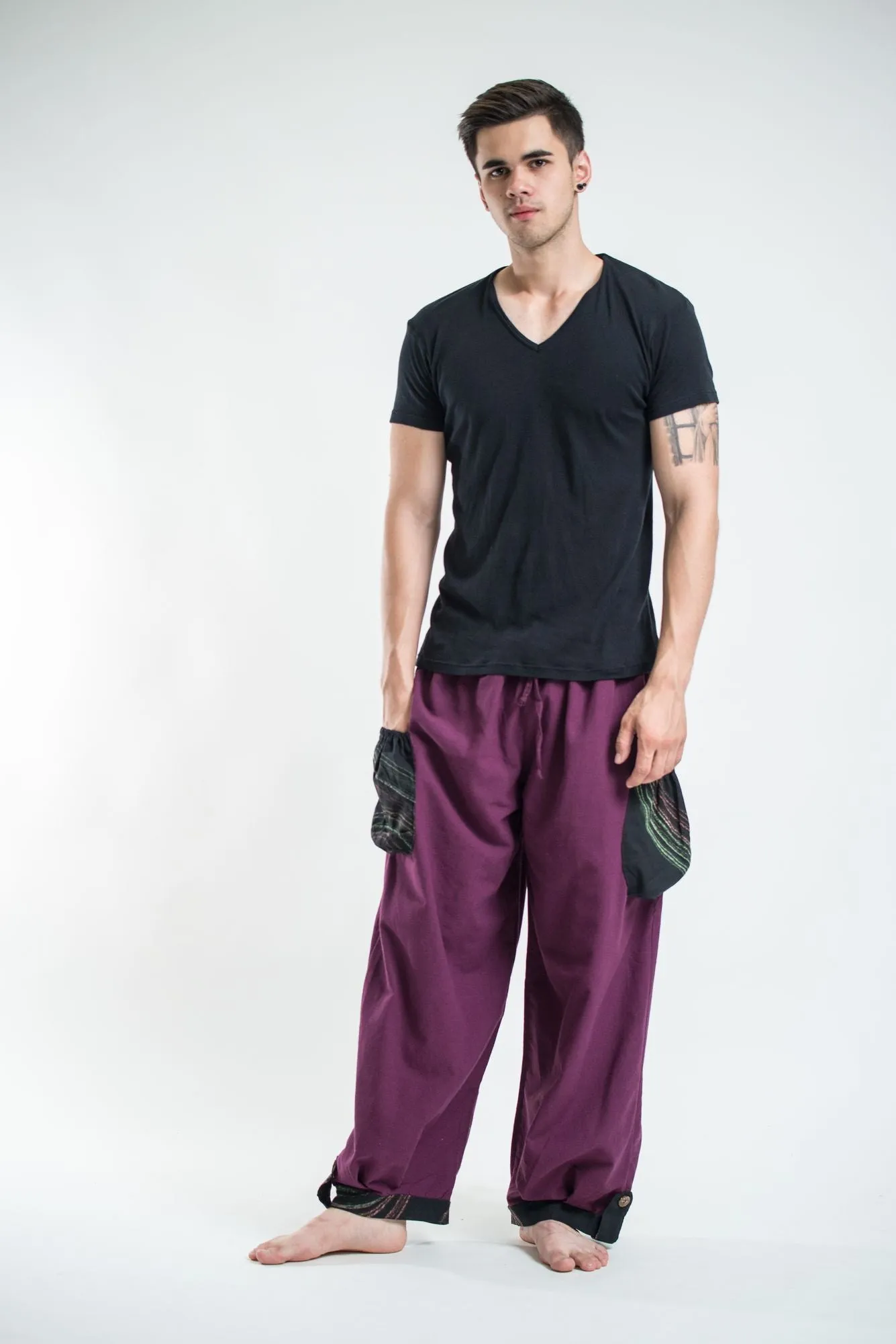 Thai Cotton Men Drawstring Pants With Hill Tribe Trim Purple