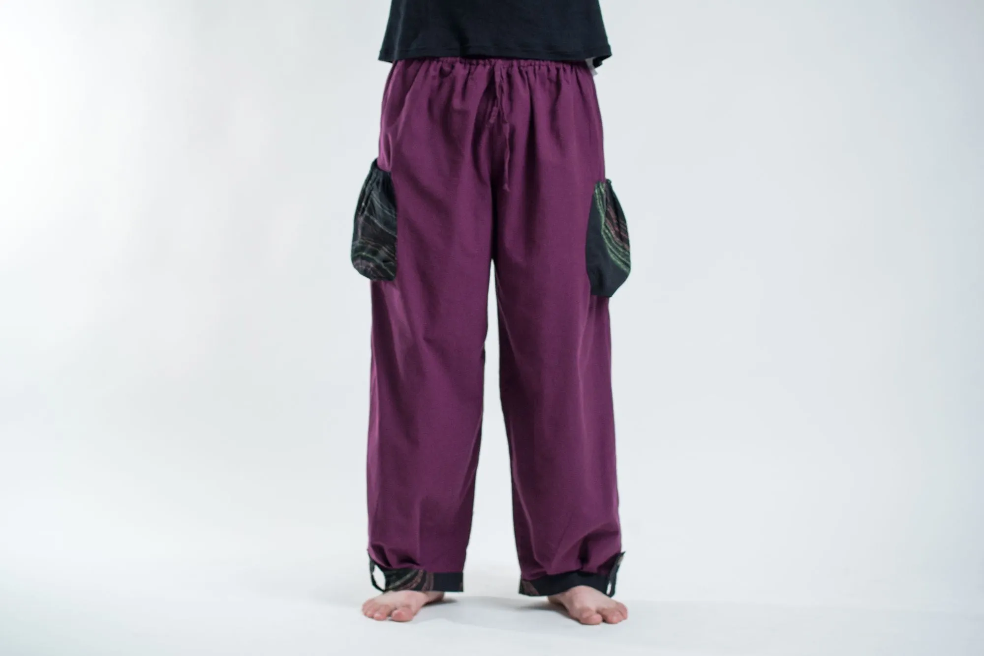 Thai Cotton Men Drawstring Pants With Hill Tribe Trim Purple