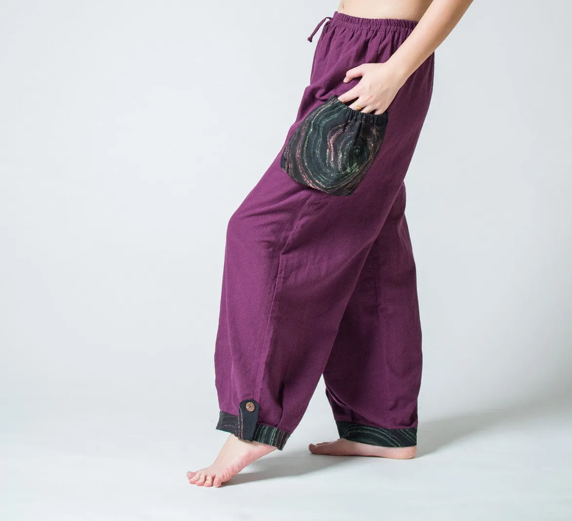 Thai Cotton Men Drawstring Pants With Hill Tribe Trim Purple