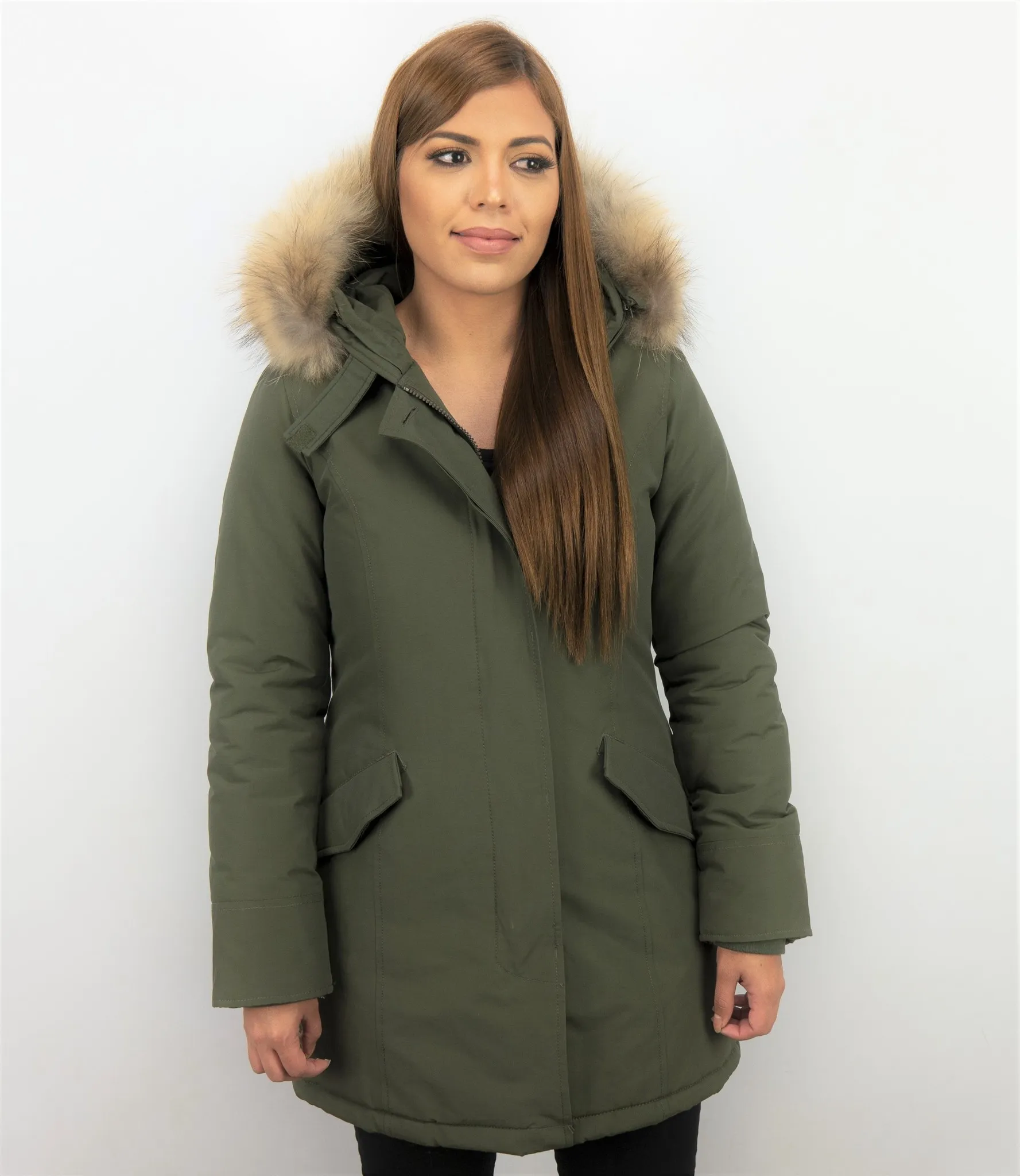 TheBrand Fur Collar Coat - Women's Winter Coat Long - Parka Stitch Pocket -  Khaki