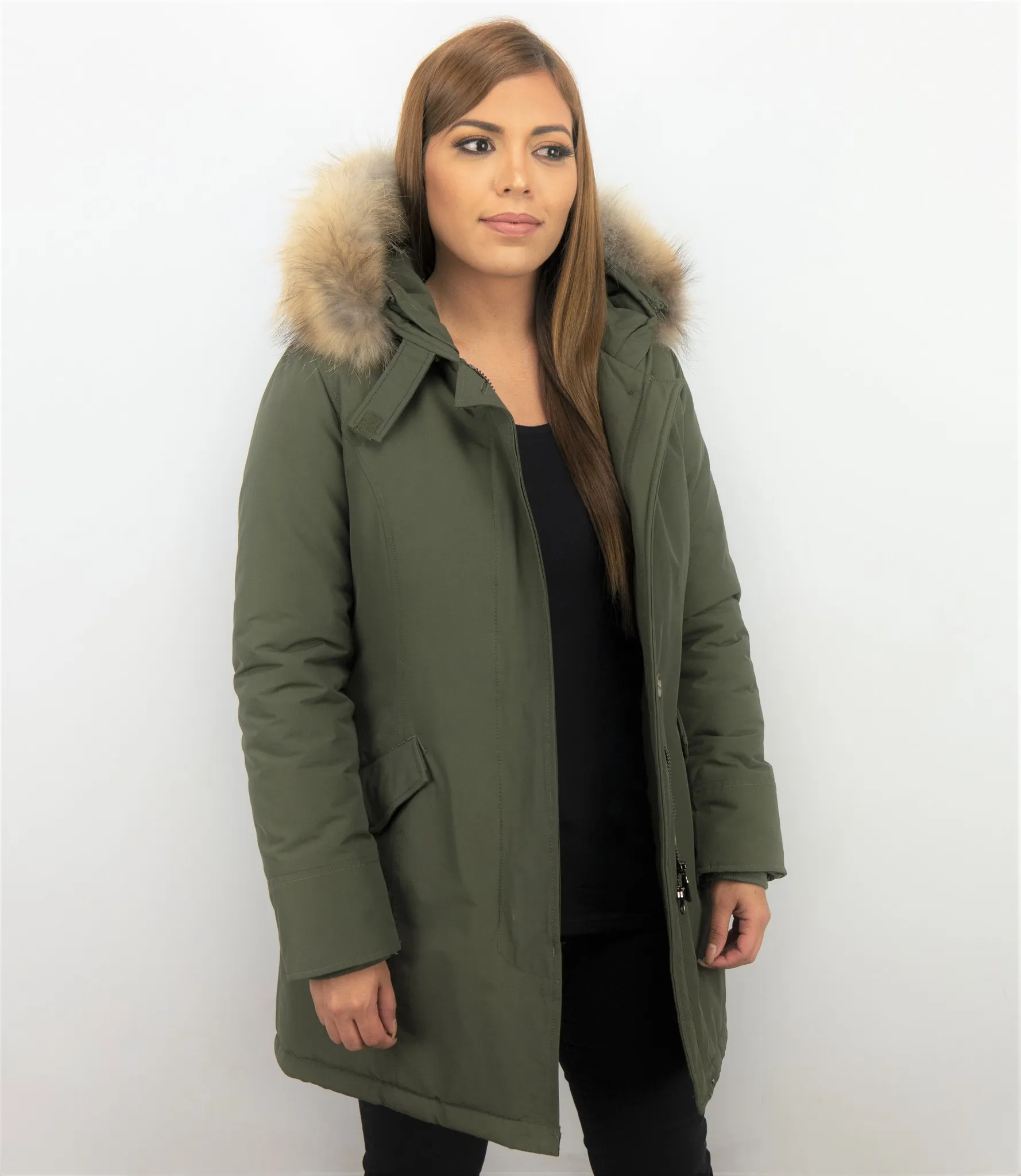 TheBrand Fur Collar Coat - Women's Winter Coat Long - Parka Stitch Pocket -  Khaki