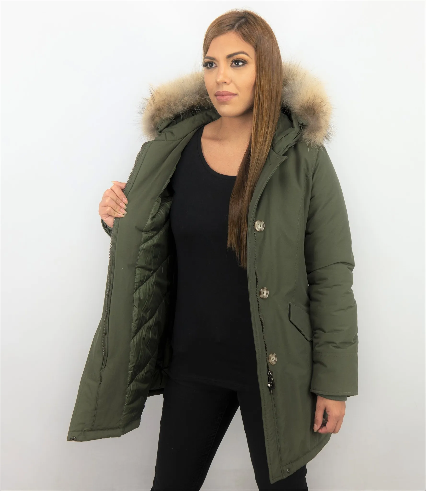 TheBrand Fur Collar Coat - Women's Winter Coat Long - Parka Stitch Pocket -  Khaki